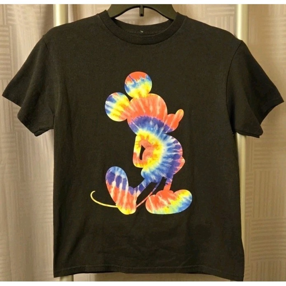 Disney Mickey Mouse Black Tie-Dye T-Shirt Silhoutte‎ Colorful Casual Tee Unisex